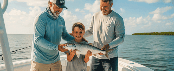 A smiling fishing guide and a proud father help a young boy hold up a fish he caught during a guided fishing trip.