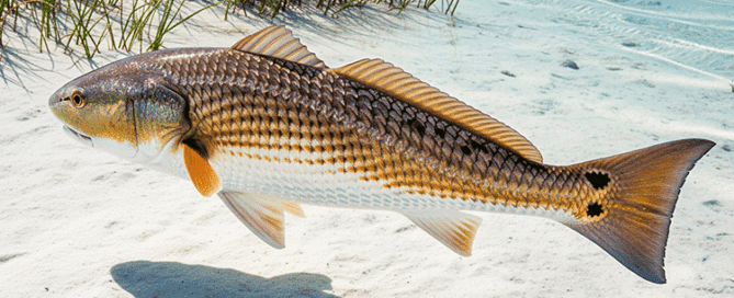 A Red Drum fish swims in the clear, shallow waters of Topsail, with the words "Topsail.Fish" at the bottom.