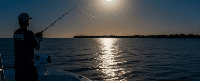 An angler on a full moon fishing trip, silhouetted against the bright moonlight as they cast a line from a boat.