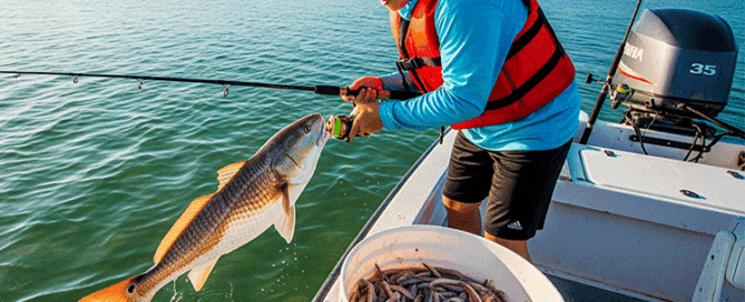 A young angler on a boat in the waters of Topsail Island successfully lands a large red drum, with a white bucket full of live bait sitting at his feet.