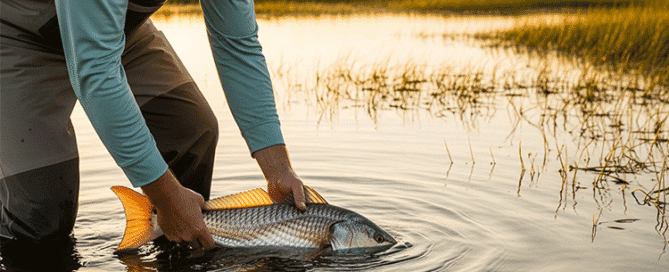 An angler in waders gently releases a red drum back into the calm, shallow waters of a coastal North Carolina marsh at sunset, emphasizing responsible catch and release.