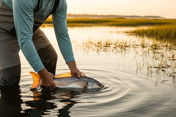 An angler in waders gently releases a red drum back into the calm, shallow waters of a coastal North Carolina marsh at sunset, emphasizing responsible catch and release.