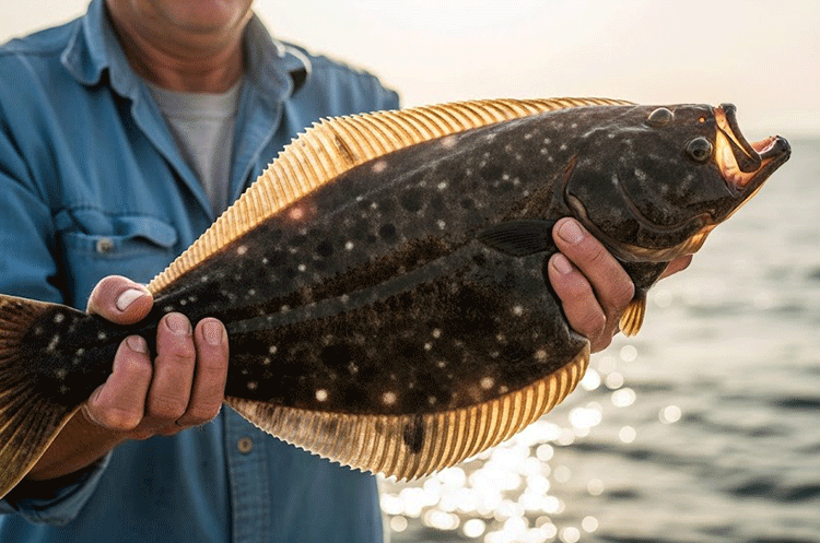 A fisherman proudly displays a large 'doormat' flounder, showcasing a successful catch from a Topsail fishing trip.