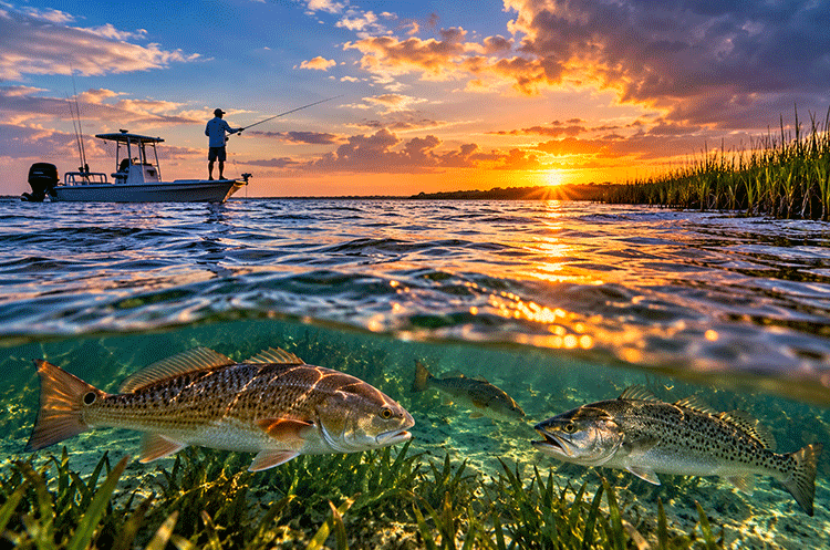 Inshore fishing around Topsail Island with red drum and speckled trout during changing tide and weather conditions