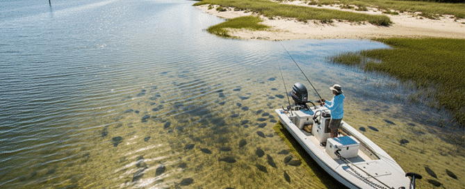 An angler in a small boat is fishing for flounder in the shallow, clear waters of the Intracoastal Waterway near North Topsail, with the coastline and high-rise buildings in the background.
