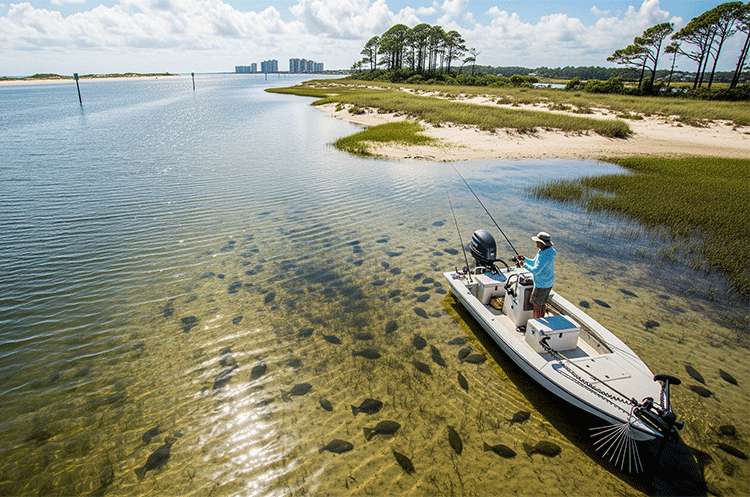 An angler in a small boat is fishing for flounder in the shallow, clear waters of the Intracoastal Waterway near North Topsail, with the coastline and high-rise buildings in the background.