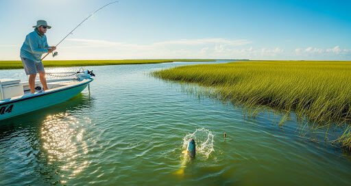 Inshore fishing on a Topsail Island marsh with a fish on the line.