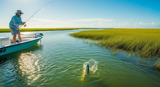Inshore fishing on a Topsail Island marsh with a fish on the line.