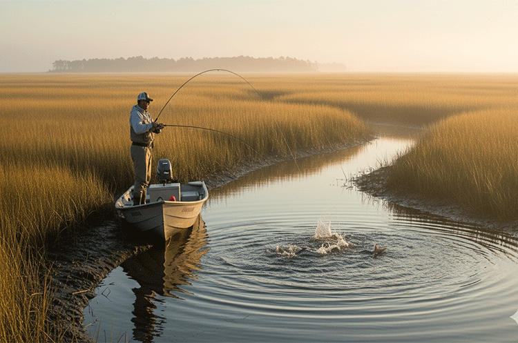 An overhead view of an angler on a flats boat casting a line into the clear, shallow Intracoastal Waterway near Topsail Island, as a large school of fish swims beneath the boat.