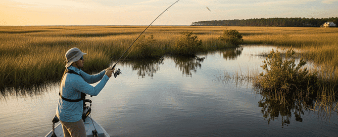 An angler in a skiff casts a light tackle spinning rod into the calm backwaters of Topsail Island, surrounded by marsh grass at sunset.