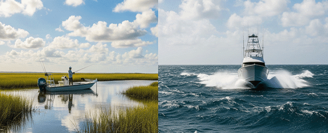 A split image contrasting inshore and offshore fishing. On the left, a small boat sits in calm, shallow marsh waters. On the right, a large fishing boat cuts through choppy, deep ocean waves.