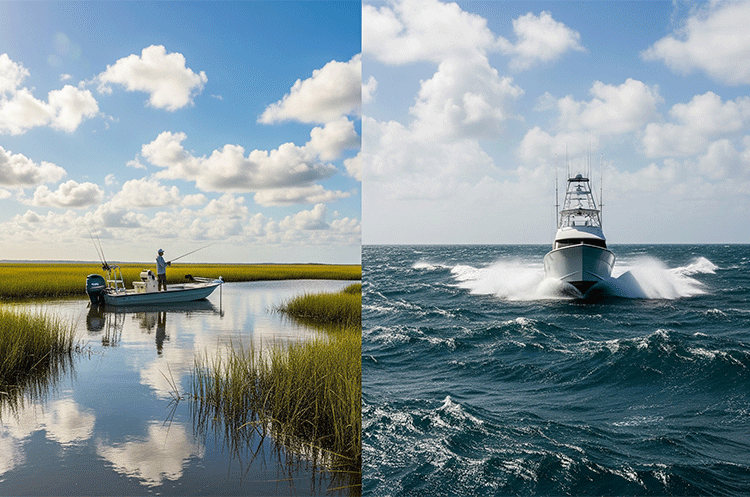 A split image contrasting inshore and offshore fishing. On the left, a small boat sits in calm, shallow marsh waters. On the right, a large fishing boat cuts through choppy, deep ocean waves.