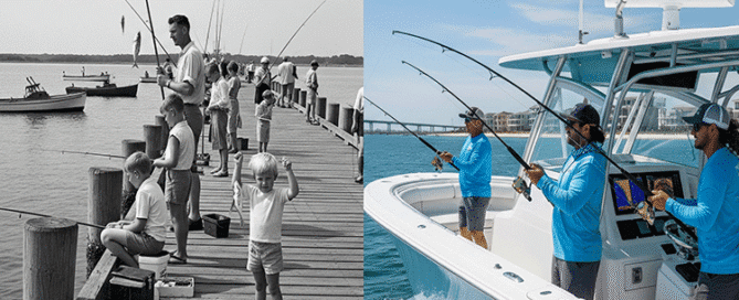 A side-by-side collage showing the evolution of fishing. The left panel is a black-and-white photo of people fishing off a rustic wooden pier with simple rods. The right panel is a vibrant color photo of three men fishing from a modern, high-tech boat with advanced equipment.