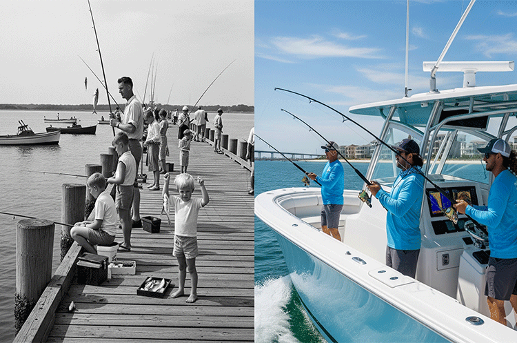 A side-by-side collage showing the evolution of fishing. The left panel is a black-and-white photo of people fishing off a rustic wooden pier with simple rods. The right panel is a vibrant color photo of three men fishing from a modern, high-tech boat with advanced equipment.