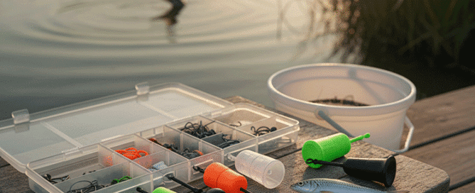 A flat lay of various fishing gear on a wooden dock with a peaceful body of water and marsh in the background. The gear includes an open tackle box, several different sizes and colors of popping corks (chartreuse, orange, white, and black), and an assortment of live and artificial bait including shrimp and a small fish. In the distance, a redfish's tail is visible breaking the surface of the water, creating ripples. The warm light of a sunset or sunrise illuminates the scene.