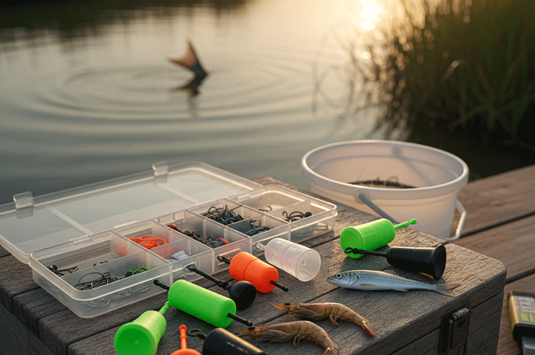 A flat lay of various fishing gear on a wooden dock with a peaceful body of water and marsh in the background. The gear includes an open tackle box, several different sizes and colors of popping corks (chartreuse, orange, white, and black), and an assortment of live and artificial bait including shrimp and a small fish. In the distance, a redfish's tail is visible breaking the surface of the water, creating ripples. The warm light of a sunset or sunrise illuminates the scene.