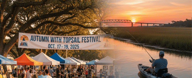 A vibrant split image showcasing the dual appeal of Topsail Island in autumn. On the left, a lively outdoor festival scene with a banner reading "Autumn With Topsail Festival Oct. 17 - 19, 2025" under a large oak tree, featuring artisan tents, a stage with live music, and diverse crowds. On the right, a serene sunset over a marshy creek with a kayaker fishing, and a ghostly redfish silhouette swimming beneath the water, highlighting the prime fall fishing. A bridge is visible in the distance over the water.