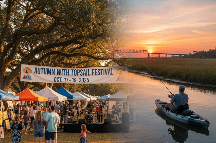 A vibrant split image showcasing the dual appeal of Topsail Island in autumn. On the left, a lively outdoor festival scene with a banner reading "Autumn With Topsail Festival Oct. 17 - 19, 2025" under a large oak tree, featuring artisan tents, a stage with live music, and diverse crowds. On the right, a serene sunset over a marshy creek with a kayaker fishing, and a ghostly redfish silhouette swimming beneath the water, highlighting the prime fall fishing. A bridge is visible in the distance over the water.