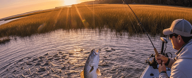 Inshore view from a small fishing boat of an angler standing up, fighting a fish with a bent rod, set against a calm, marshy Topsail estuary backdrop under an autumn sky.