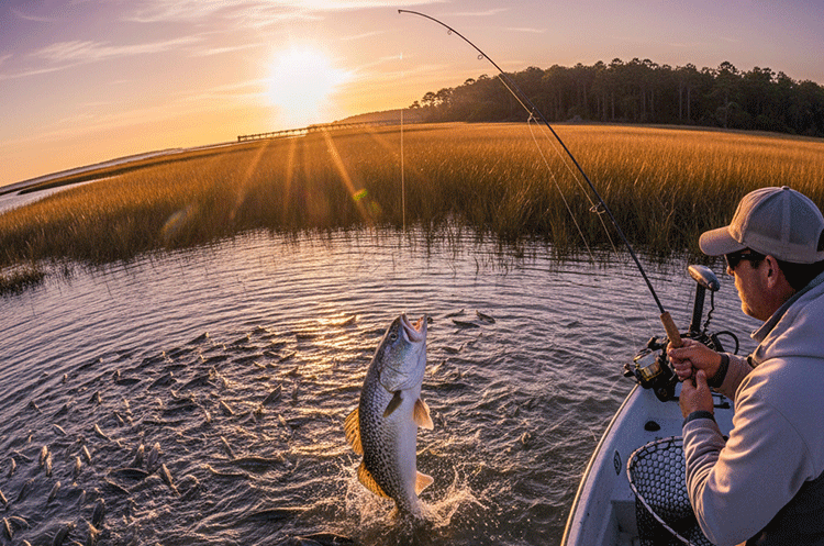 Inshore view from a small fishing boat of an angler standing up, fighting a fish with a bent rod, set against a calm, marshy Topsail estuary backdrop under an autumn sky.