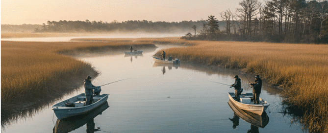 Charter fisherman holding a large winter Redfish in a boat on the foggy Topsail Island sound waters.