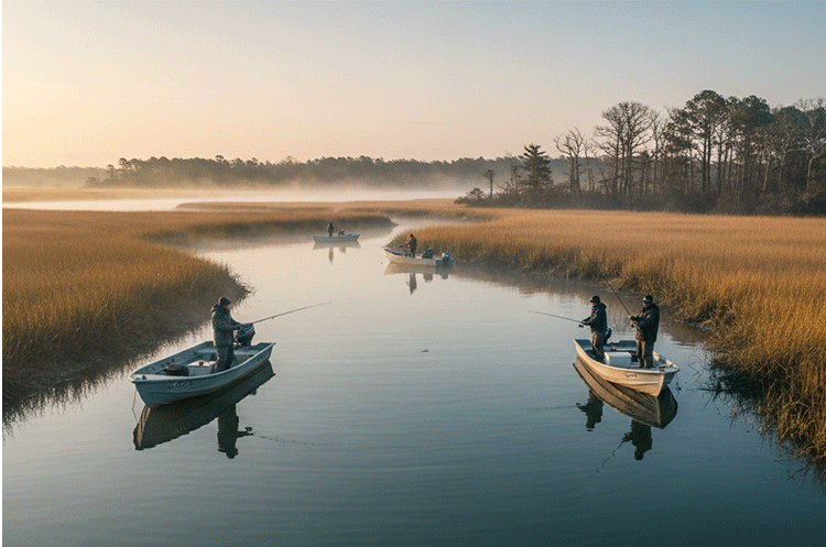 Charter fisherman holding a large winter Redfish in a boat on the foggy Topsail Island sound waters.