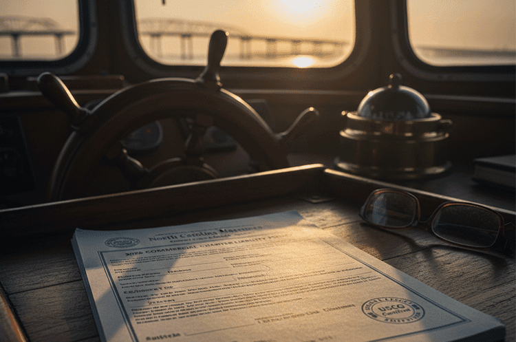 Professional charter boat insurance NC documentation and boat keys on a console