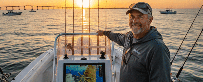 Professional fishing guide on a charter boat at sunset with the Topsail Island bridge in the background.