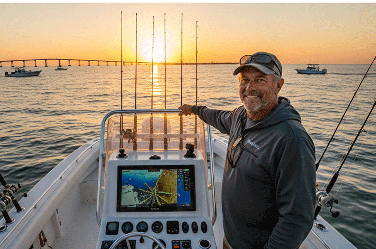 Professional fishing guide on a charter boat at sunset with the Topsail Island bridge in the background.