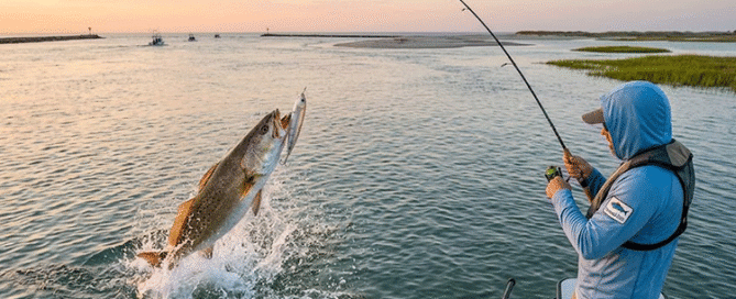 Angler fighting a large Speckled Trout during topwater 'walk-the-dog' action at New River Inlet during Topsail Island April Fishing