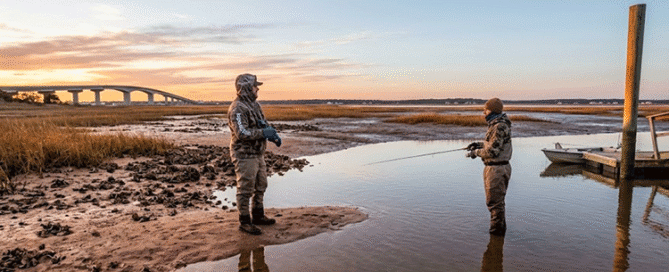 Angler casting a slow-sinking lure near deep bridge pilings for Topsail Island Winter Speckled Trout Fishing in January