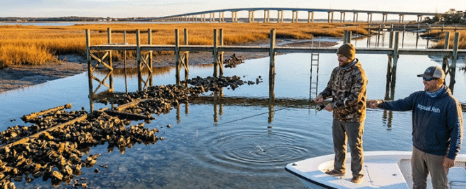 Angler casting a slow-sinking lure near deep bridge pilings for late fall Speckled Trout in Topsail Island