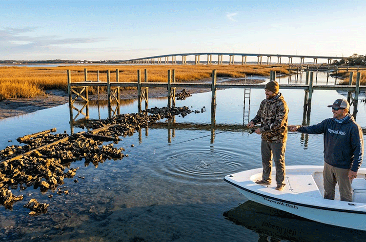 Angler casting a slow-sinking lure near deep bridge pilings for late fall Speckled Trout in Topsail Island
