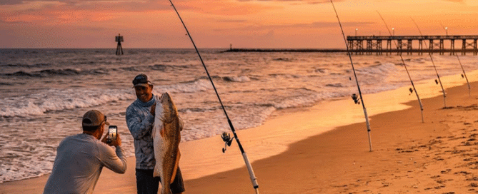 Angler holding a giant 'bull' Red Drum caught from the surf on Topsail Island in September