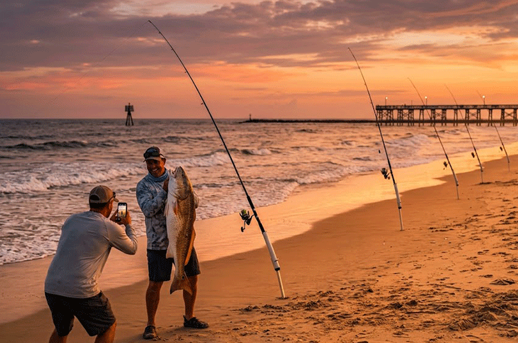 Angler holding a giant 'bull' Red Drum caught from the surf on Topsail Island in September