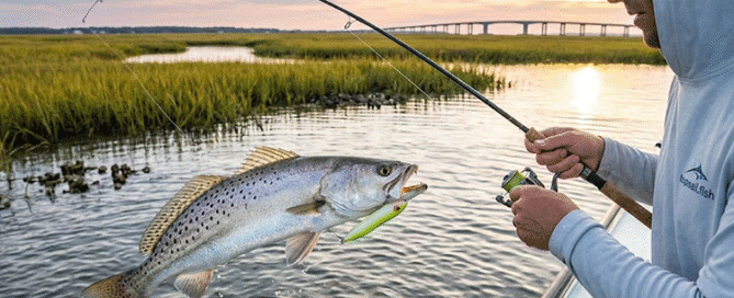 Angler holding a large Speckled Trout caught during the fall run on Topsail Island in October