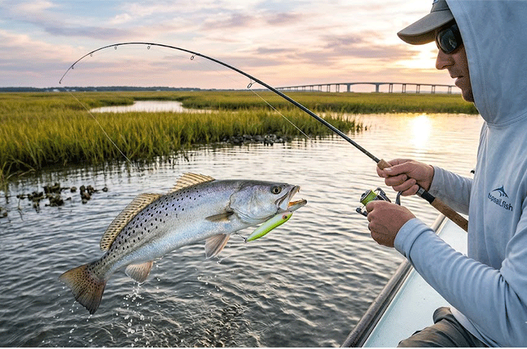 Angler holding a large Speckled Trout caught during the fall run on Topsail Island in October