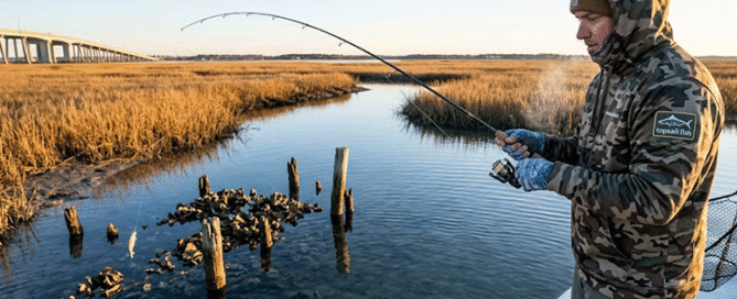 Angler casting an artificial lure near a deep marsh creek hole during a cold winter day in Topsail Island