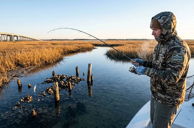 Angler casting an artificial lure near a deep marsh creek hole during a cold winter day in Topsail Island