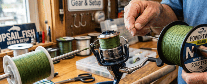 Close-up of a fisherman properly spooling moss green braided line onto a spinning reel under tension in a workshop.