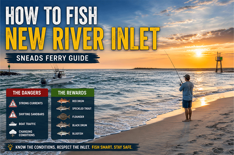 Angler surf fishing at New River Inlet near Sneads Ferry, North Carolina during sunrise with strong tidal currents, sandy shoreline, and a fishing boat navigating the inlet channel.