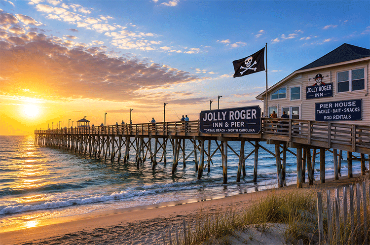 Jolly Roger Inn and Pier in Topsail Beach, North Carolina at sunrise with anglers fishing from the wooden pier overlooking the Atlantic Ocean.
