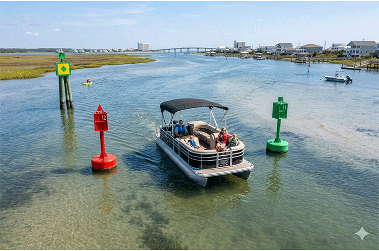 A family on a pontoon boat navigating a sunny, shallow channel on the Topsail Island Intracoastal Waterway, passing close to a red navigation buoy and green channel markers with the Surf City Bridge visible in the background.