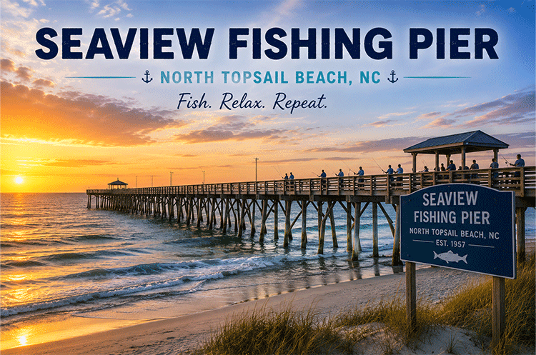 Seaview Fishing Pier in North Topsail Beach, North Carolina at sunrise with anglers fishing from the wooden pier overlooking the Atlantic Ocean.
