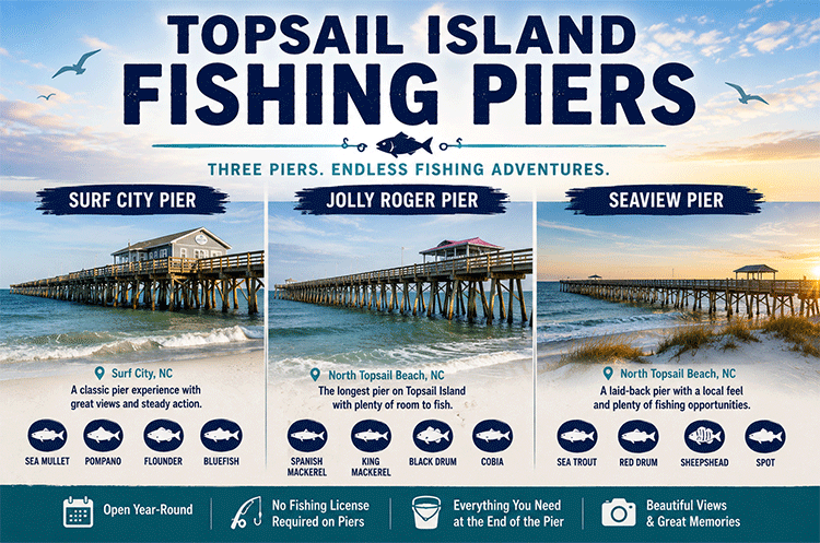 Infographic featuring the three Topsail Island fishing piers including Surf City Pier, Jolly Roger Pier, and Seaview Pier with coastal fishing scenes and popular fish species.