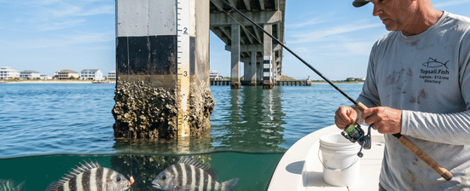 Angler catching a striped sheepshead fish from a skiff near a concrete bridge piling