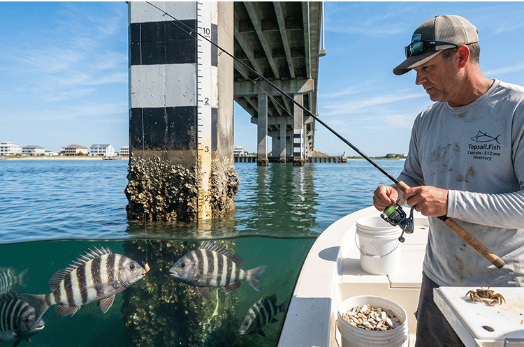 Angler catching a striped sheepshead fish from a skiff near a concrete bridge piling