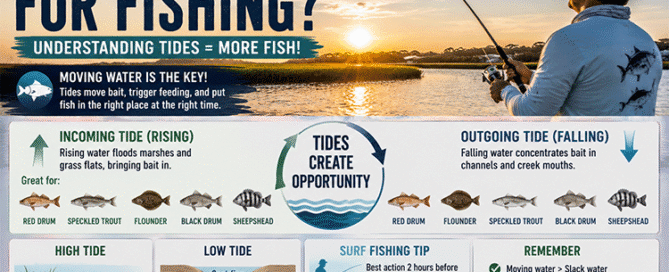Infographic explaining what tide is best for fishing around Topsail Island including incoming tide, outgoing tide, high tide, and low tide fishing strategies for coastal species.