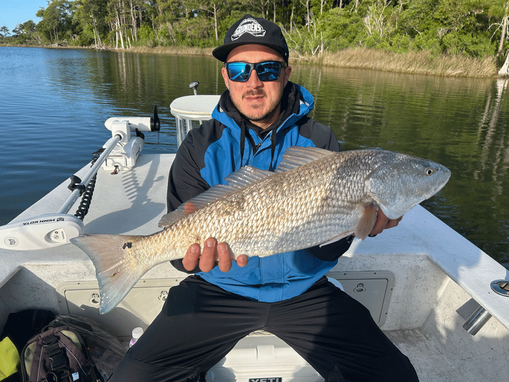 Angler holding a large red drum on a charter boat in Topsail Sound - Captain Mike Hoffman May 4 2026