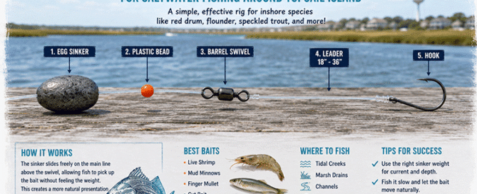 Infographic showing how to build a Carolina rig for saltwater fishing around Topsail Island with labeled components including egg sinker, bead, swivel, leader, and hook.